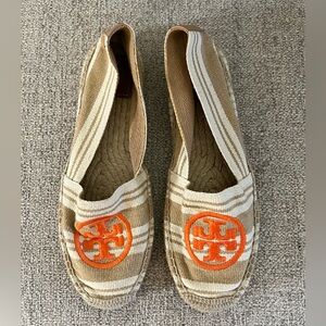Tory Burch Canvas Striped Orange Logo Embroidered Jute Espadrille Flat Size 10